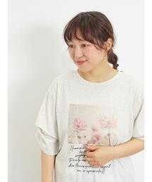 Samansa Mos2 | 転写プリント袖タックTシャツ(Tシャツ/カットソー)