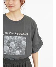 Samansa Mos2 | 転写プリント袖タックTシャツ(Tシャツ/カットソー)