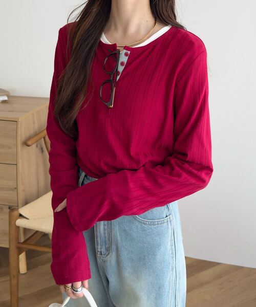 KOBE LETTUCE（コウベレタス）の「ヘンリーネックリブロンT（Tシャツ/カットソー・レディース・ブラウン/グレー/アイボリー/スミクロ/ピンク/ネイビー/グレイッシュベージュ/チャコール/ブルー/チョコ/カーキ/レッド・M）」の12枚目の写真