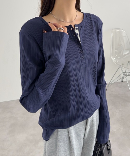 KOBE LETTUCE（コウベレタス）の「ヘンリーネックリブロンT（Tシャツ/カットソー・レディース・ブラウン/グレー/アイボリー/スミクロ/ピンク/ネイビー/グレイッシュベージュ/チャコール/ブルー/チョコ/カーキ/レッド・M）」の20枚目の写真