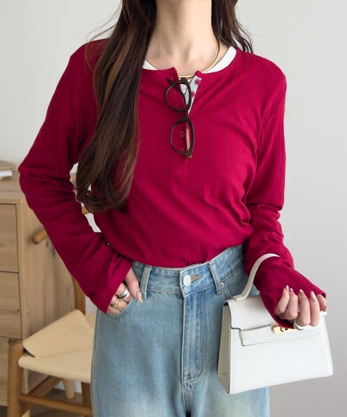 KOBE LETTUCE（コウベレタス）の「ヘンリーネックリブロンT（Tシャツ/カットソー・レディース・ブラウン/グレー/アイボリー/スミクロ/ピンク/ネイビー/グレイッシュベージュ/チャコール/ブルー/チョコ/カーキ/レッド・M）」の14枚目の写真