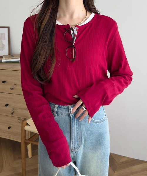 KOBE LETTUCE（コウベレタス）の「ヘンリーネックリブロンT（Tシャツ/カットソー・レディース・ブラウン/グレー/アイボリー/スミクロ/ピンク/ネイビー/グレイッシュベージュ/チャコール/ブルー/チョコ/カーキ/レッド・M）」の13枚目の写真