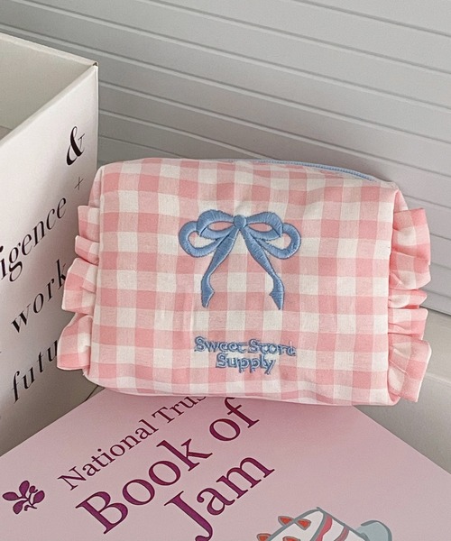 セール】チェック柄リボン刺繍ポーチ（ポーチ）｜pyornim