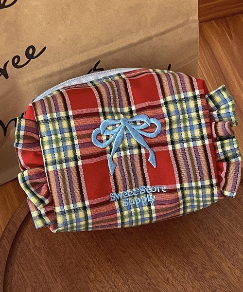 セール】チェック柄リボン刺繍ポーチ（ポーチ）｜pyornim（ピョルニム