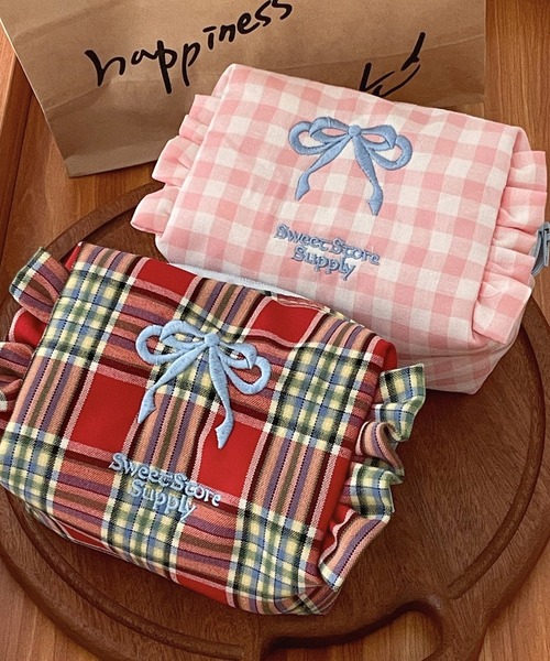 セール】チェック柄リボン刺繍ポーチ（ポーチ）｜pyornim