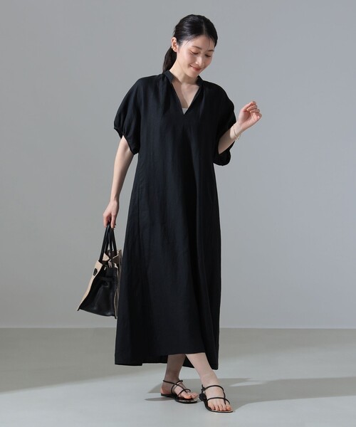 極美品＊ティッカ リネンバルーンスリーブワンピース F グリーン 麻100日本製 極美品＊ティッカ リネンバルーンスリーブワンピース F グリーン