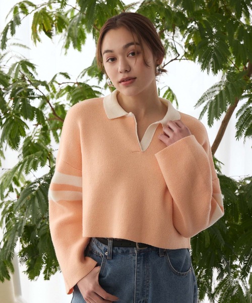 セール】ライン入り衿付きスキッパーニット（ニット/セーター）｜Edit