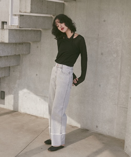 hunch（ハンチ）の「ロールアップ ワイドストレートデニムパンツ（デニムパンツ・レディース・ライトインディゴブルー/グレー/ワンウォッシュ・FREE）」の5枚目の写真