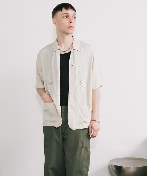 REMI RELIEF(レミレリーフ)の「REMI RELIEF/レミレリーフ レーヨンツイル スカ柄 S/S SHIRT(刺繍) 半袖シャツ(シャツ/ブラウス・メンズ・オフホワイト/ネイビー・M/L/XL)」の18枚目の写真