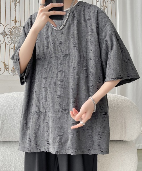 link lot（リンクロット）の「【男女兼用】ダメージ加工ビッグシルエットスラブTシャツ（Tシャツ/カットソー・メンズ・ダークグレー/ホワイト・F）」の8枚目の写真