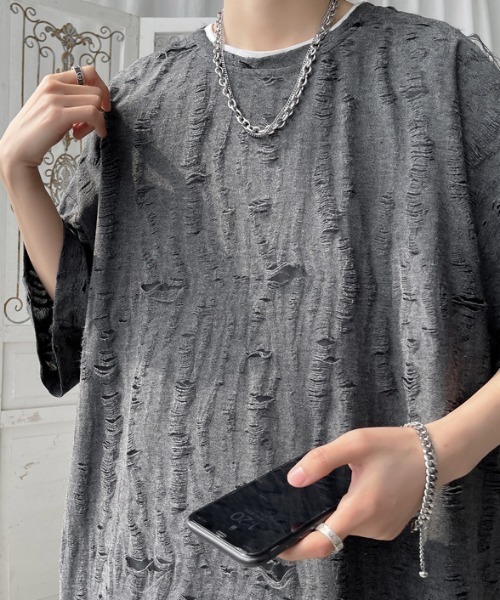 link lot（リンクロット）の「【男女兼用】ダメージ加工ビッグシルエットスラブTシャツ（Tシャツ/カットソー・メンズ・ダークグレー/ホワイト・F）」の14枚目の写真