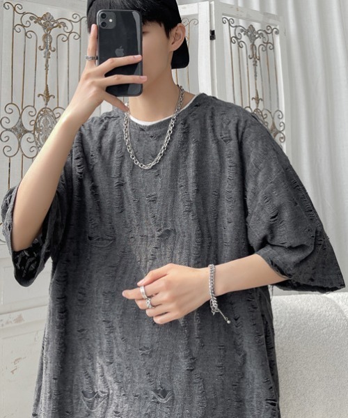 link lot（リンクロット）の「【男女兼用】ダメージ加工ビッグシルエットスラブTシャツ（Tシャツ/カットソー・メンズ・ダークグレー/ホワイト・F）」の13枚目の写真