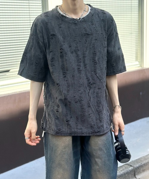 link lot（リンクロット）の「【男女兼用】ダメージ加工ビッグシルエットスラブTシャツ（Tシャツ/カットソー・メンズ・ダークグレー/ホワイト・F）」の22枚目の写真