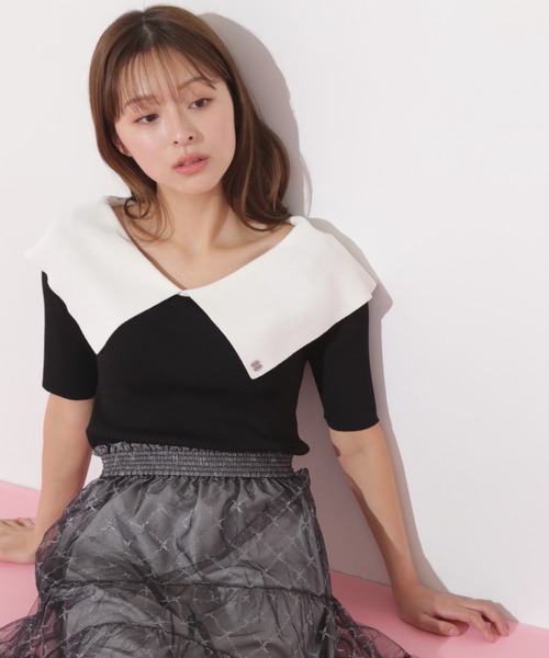 JILL by JILL STUART(ジルバイジルスチュアート)の「◇配色ビッグカラーリブニット(ニット/セーター・レディース・ベージュ/ブラック系その他/ブラック・FREE)」の1枚目の写真