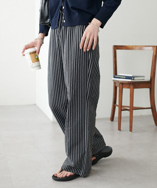 BASCOバスコネイビー ストライプ カジュアルパンツ マオパンツ・95 太ストライプのウール混素材/ITEM,PANTS/Shop by