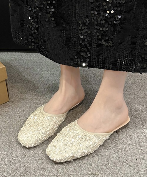 Lace Ladies(レースレディース)の「ツイード スパンコール ラウンドトゥ フラット ミュール サンダル(サンダル・レディース・アイボリー/ブラック・22.5cm/23.5cm/24cm/24.5cm/25cm/23cm)」の1枚目の写真