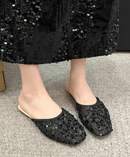 Lace Ladies(レースレディース)の「ツイード スパンコール ラウンドトゥ フラット ミュール サンダル(サンダル・レディース・アイボリー/ブラック・22.5cm/23.5cm/24cm/24.5cm/25cm/23cm)」の2枚目の写真