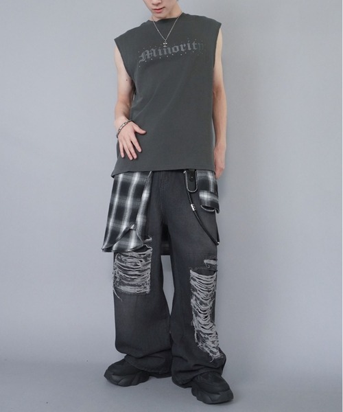 SPINNS（スピンズ）の「ピグメントノースリーブTシャツ/ストーンロゴ（Tシャツ/カットソー・メンズ・グレー/ブラック/ベージュ・ONESIZE）」の11枚目の写真