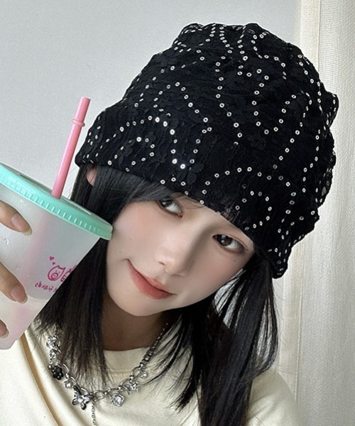 ニットキャップ・ビーニー ILLIGO Pearl Corsage Lace Beanie 5BMR0197 セール】Sequin Flower Lace Beanie（ニットキャップ/ビーニー