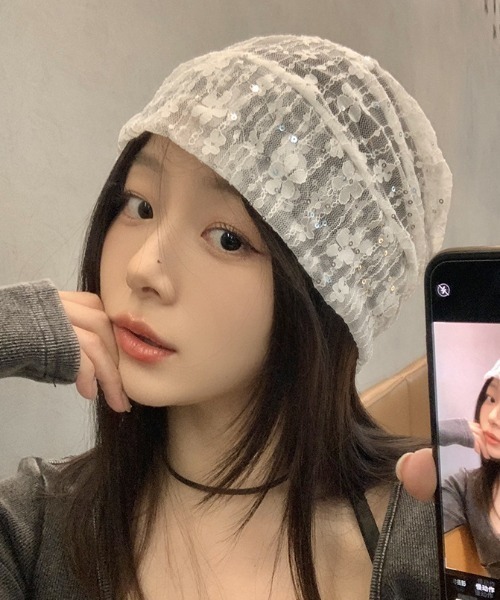 ニットキャップ・ビーニー ILLIGO Pearl Corsage Lace Beanie 5BMR0197 Pearl Corsage Lace Beanie White - illigo | 60% - Asian
