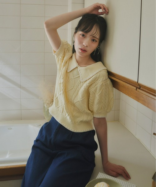 Olu.（オルドット）の「シェルステッチバイカラーサマーニット（ニット/セーター・レディース・ベビーピンク/イエロー系その他/ネイビー・FREE）」の13枚目の写真