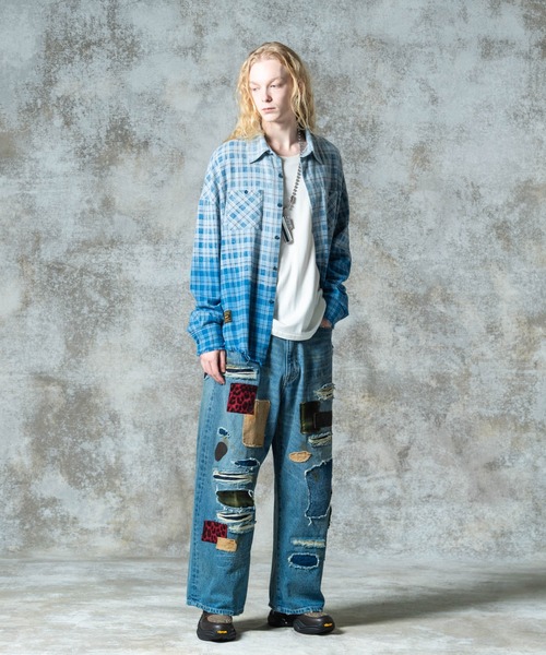 glamb ブリーチチェックシャツ Blue Sサイズ セール】Bleach Check Shirt / ブリーチチェックシャツ（シャツ