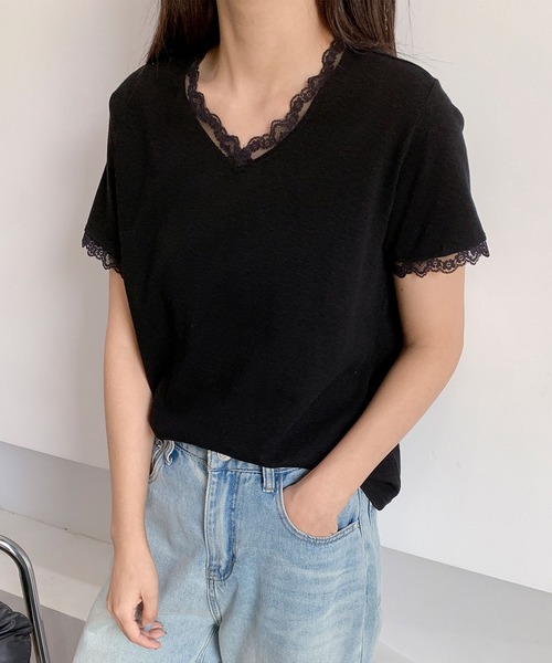 レーストリムVネックTシャツ（Tシャツ/カットソー）｜BANICO