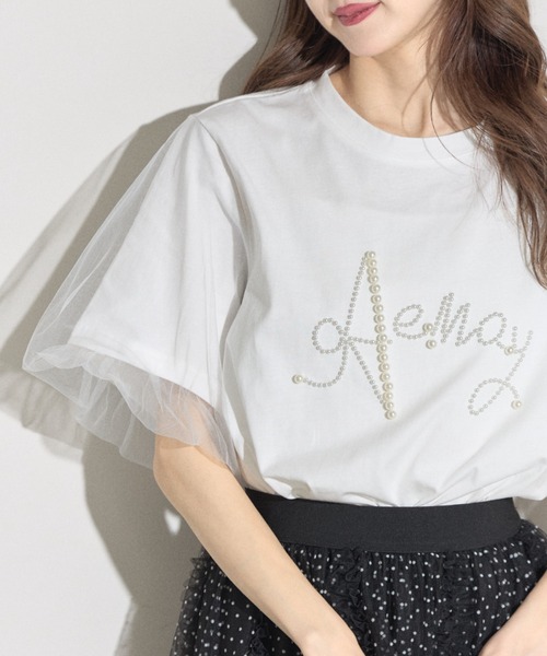 tシャツ 「ZOZO限定」チュールリボン×パールTシャツ レディース セール】【mily bilet】どこから見ても胸キュンな贅沢デザイン