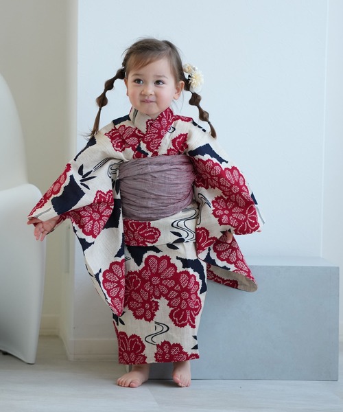 【新品】utatane ウタタネ　浴衣　帯　下駄　かすみ草　くすみラベンダー utatane（ウタタネ）の「キッズ浴衣3点セット ひよこ商店 くすみ