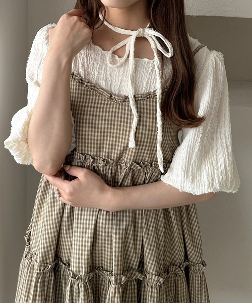 apres jour clair(アプレジュールクレア)の「【apres jour clair】チョーカー付きジャガードフリンジトップス(Tシャツ/カットソー・レディース・アイボリー/ミント/ブラウン系その他・X-LARGE/フリー)」の1枚目の写真