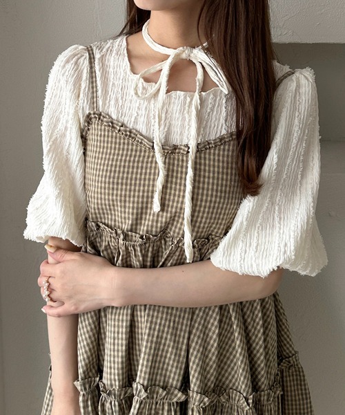 apres jour clair(アプレジュールクレア)の「【apres jour clair】チョーカー付きジャガードフリンジトップス(Tシャツ/カットソー・レディース・アイボリー/ミント/ブラウン系その他・X-LARGE/フリー)」の5枚目の写真