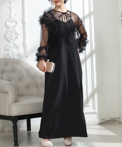 Lace Ladies(レースレディース)の「チュールフリル ケープ付き スリット キャミソール ドレス(ドレス・レディース・モカ/チャコールグレー/ブラック/グリーン・FREE)」の1枚目の写真