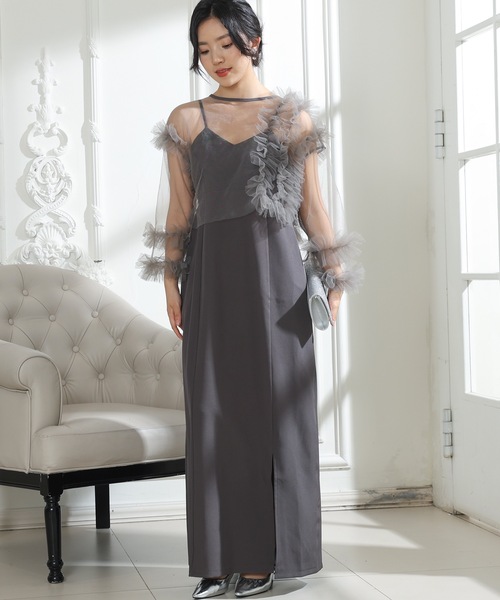Lace Ladies(レースレディース)の「チュールフリル ケープ付き スリット キャミソール ドレス(ドレス・レディース・モカ/チャコールグレー/ブラック/グリーン・FREE)」の13枚目の写真