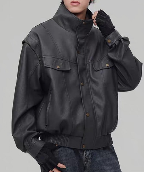 TOBEE（トゥビー）の「【TOBEE】ヴィンテージデザイン PUレザージャケット/ スタンドカラーブルゾン（ブルゾン・メンズ・ダークグレー/ブラック・MEDIUM/LARGE/X-LARGE）」の14枚目の写真