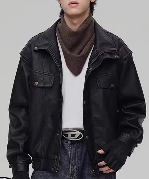 TOBEE（トゥビー）の「【TOBEE】ヴィンテージデザイン PUレザージャケット/ スタンドカラーブルゾン（ブルゾン・メンズ・ダークグレー/ブラック・MEDIUM/LARGE/X-LARGE）」の17枚目の写真