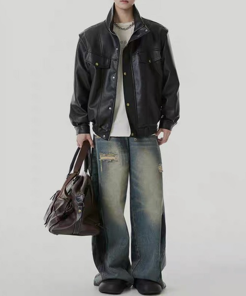 TOBEE（トゥビー）の「【TOBEE】ヴィンテージデザイン PUレザージャケット/ スタンドカラーブルゾン（ブルゾン・メンズ・ダークグレー/ブラック・MEDIUM/LARGE/X-LARGE）」の21枚目の写真