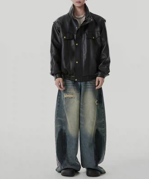 TOBEE（トゥビー）の「【TOBEE】ヴィンテージデザイン PUレザージャケット/ スタンドカラーブルゾン（ブルゾン・メンズ・ダークグレー/ブラック・MEDIUM/LARGE/X-LARGE）」の22枚目の写真