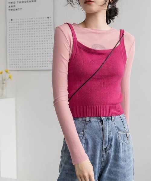 WEGO(ウィゴー)の「WEGO/シースルーレイヤードトップス/カラフルシアートップス春夏秋長袖(Tシャツ/カットソー・レディース・ブラック/イエロー/パープル/ホワイト/グリーン/ピンク・FREE)」の6枚目の写真
