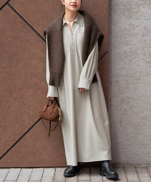 JOURNAL STANDARD（ジャーナルスタンダード）の「ウーリッシュツイルハーフジップワンピース（ワンピース・レディース・チャコールグレー/アイボリー/ネイビー・FREE）」の2枚目の写真