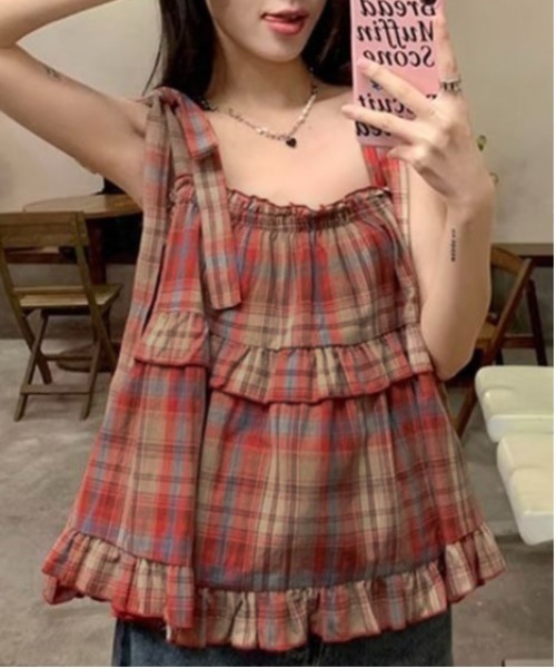 VIBGYOR(ヴィブジョー)の「マドラスチェックフリルキャミ(CZ)(キャミソール・レディース・レッド/ブラウン・MEDIUM/LARGE)」の11枚目の写真