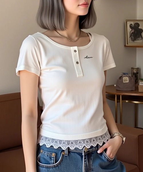 .KOM(ドットコム)の「A'GEM/9 × .kom 『.KOMZ/ドットケーオーエムゼット』リボンサイドドロスト クロップドTシャツ(Tシャツ/カットソー・レディース・ブラック/オフホワイト・FREE)」の5枚目の写真