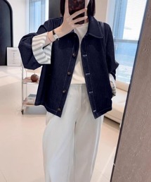 semplice（センプリチェ）の「カラーネックルーズフィット 袖口コントラストストライプデニムジャケット（デニムジャケット）」