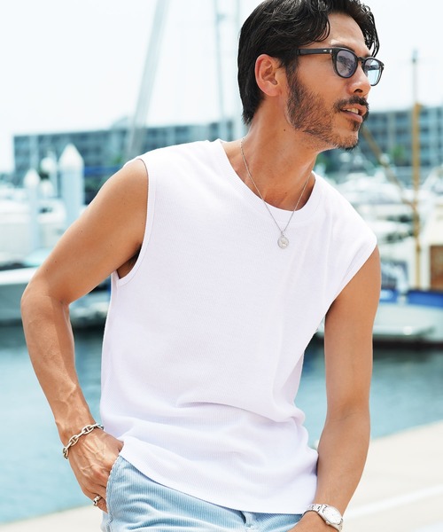 jiggys shop（ジギーズショップ）の「テレコ素材 リブ編み ノースリーブ タンクトップ（タンクトップ・メンズ・ブラック/ホワイト/チャコールグレー・X-LARGE/MEDIUM/LARGE）」の2枚目の写真