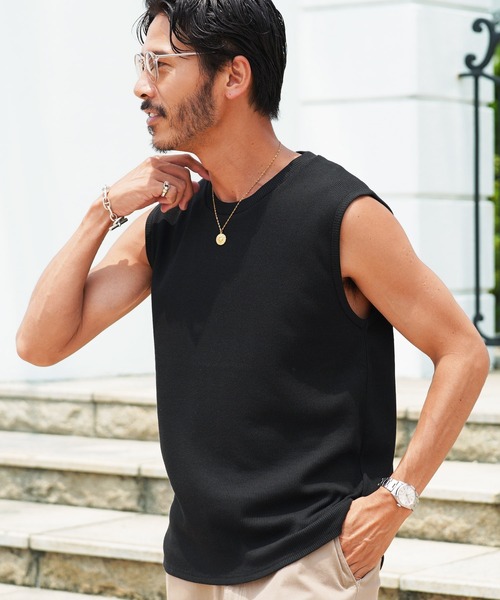 jiggys shop（ジギーズショップ）の「テレコ素材 リブ編み ノースリーブ タンクトップ（タンクトップ・メンズ・ブラック/ホワイト/チャコールグレー・X-LARGE/MEDIUM/LARGE）」の3枚目の写真