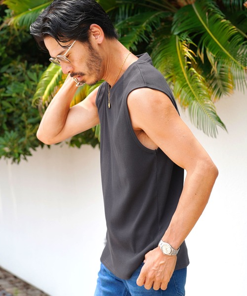 jiggys shop（ジギーズショップ）の「テレコ素材 リブ編み ノースリーブ タンクトップ（タンクトップ・メンズ・ブラック/ホワイト/チャコールグレー・X-LARGE/MEDIUM/LARGE）」の5枚目の写真