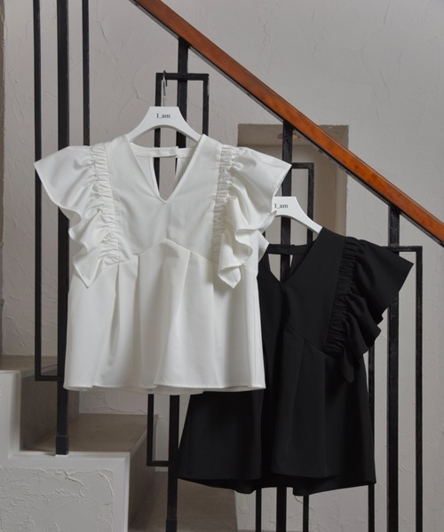 v neck shoulder frill blouse / vネックショルダーフリル