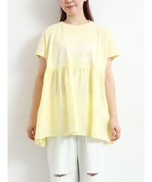 [接触冷感]切替ギャザーロゴプリントフレンチ袖Tシャツ