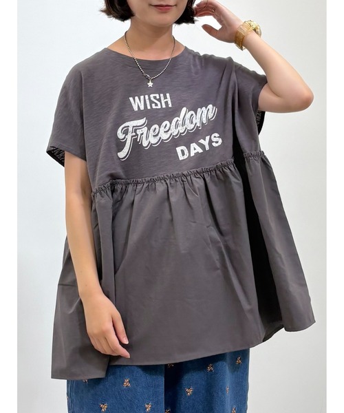 SM2（エスエムツー）の「[接触冷感]切替ギャザーロゴプリントフレンチ袖Tシャツ（Tシャツ/カットソー・レディース・イエロー/オフホワイト/チャコールグレー・F）」の3枚目の写真