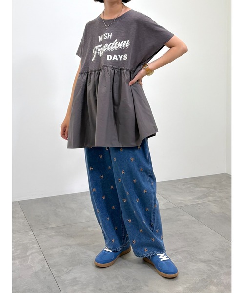 SM2（エスエムツー）の「[接触冷感]切替ギャザーロゴプリントフレンチ袖Tシャツ（Tシャツ/カットソー・レディース・イエロー/オフホワイト/チャコールグレー・F）」の4枚目の写真