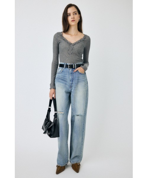 MOUSSY（マウジー）の「レーストリムロングスリーブTEE（Tシャツ/カットソー・レディース・チャコールグレー/ライトブルー/アイボリー・FREE）」の6枚目の写真